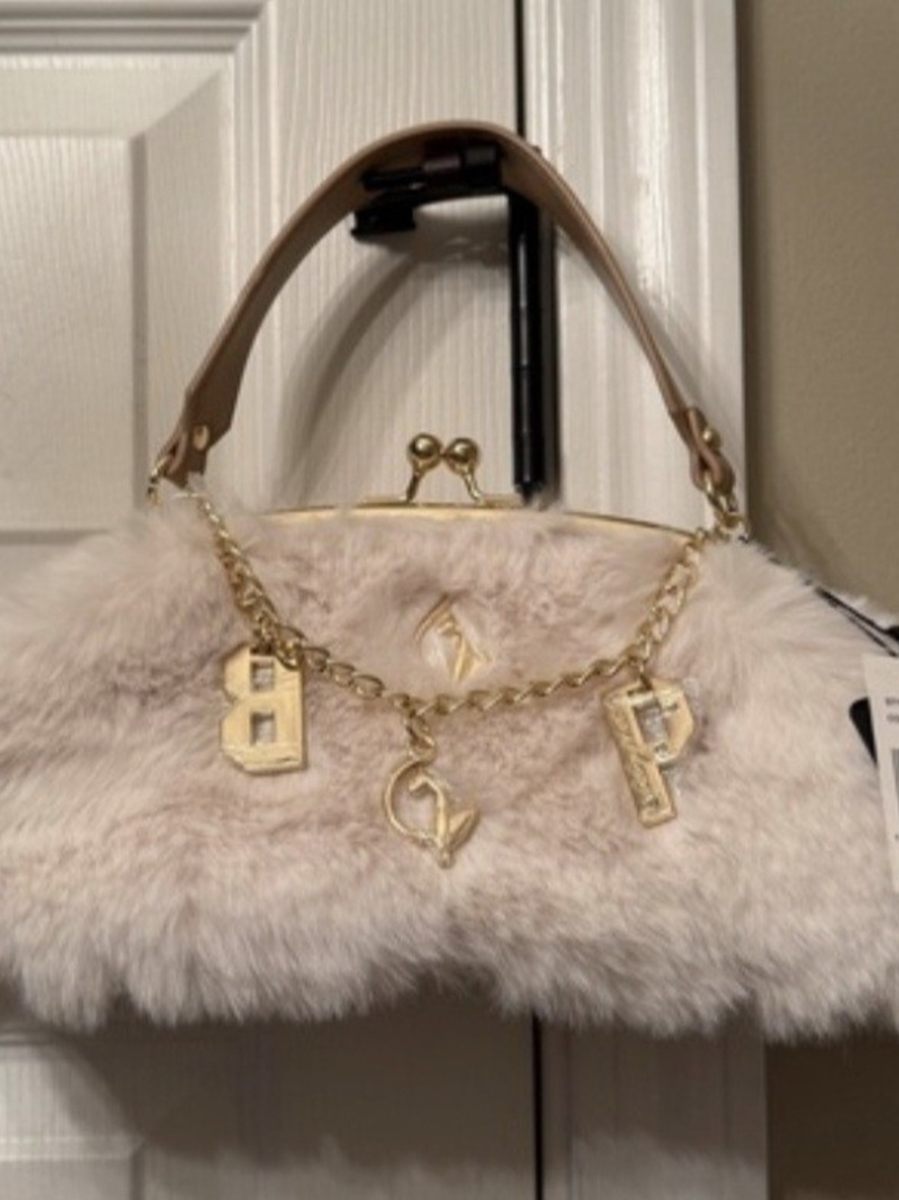 Baby Phat Beige Faux Fur Chain Charm Handbag
